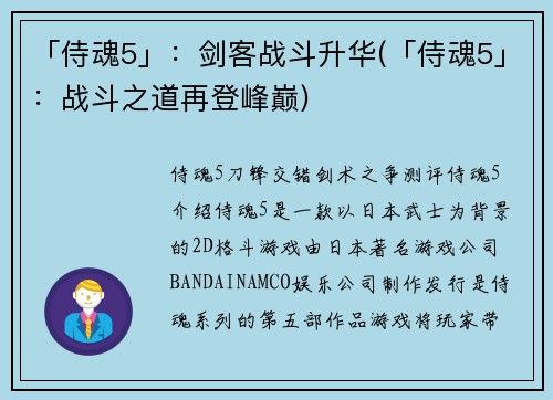 「侍魂5」：剑客战斗升华(「侍魂5」：战斗之道再登峰巅)